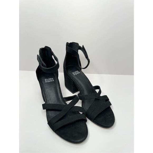 Eileen Fisher Sandals Womens Size 5 Black Suede Leather Open Toe Block Heel - Picture 3 of 10